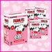 Peanuts-themed trading card packs and box on a pink background with heart designs