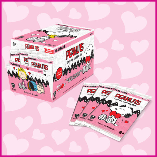 Peanuts candy packaging on a pink background with heart shapes