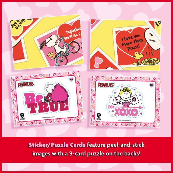 Sticker/Puzzle Cards featuring Peanuts characters on a pink background with text.