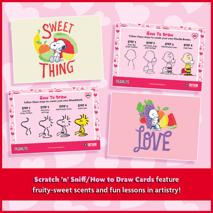 Set of Scratch 'n' Sniff cards featuring Snoopy and Charlie Brown with educational art lessons on a pink background.