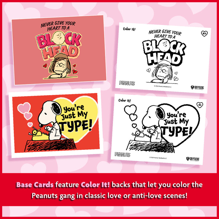 Four Peanuts-themed cards with cartoon characters and text on a pink background.