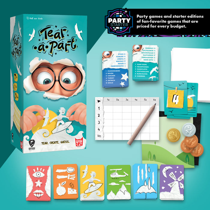 Tear-a-Part game components laid out — Concept Cards, Guessing Cards, tokens, canvas sheets, score pad, and pencil