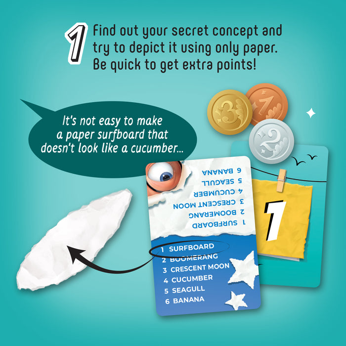 How to play Tear-a-Part: find your secret concept and depict it using only paper, scoring extra points for speed